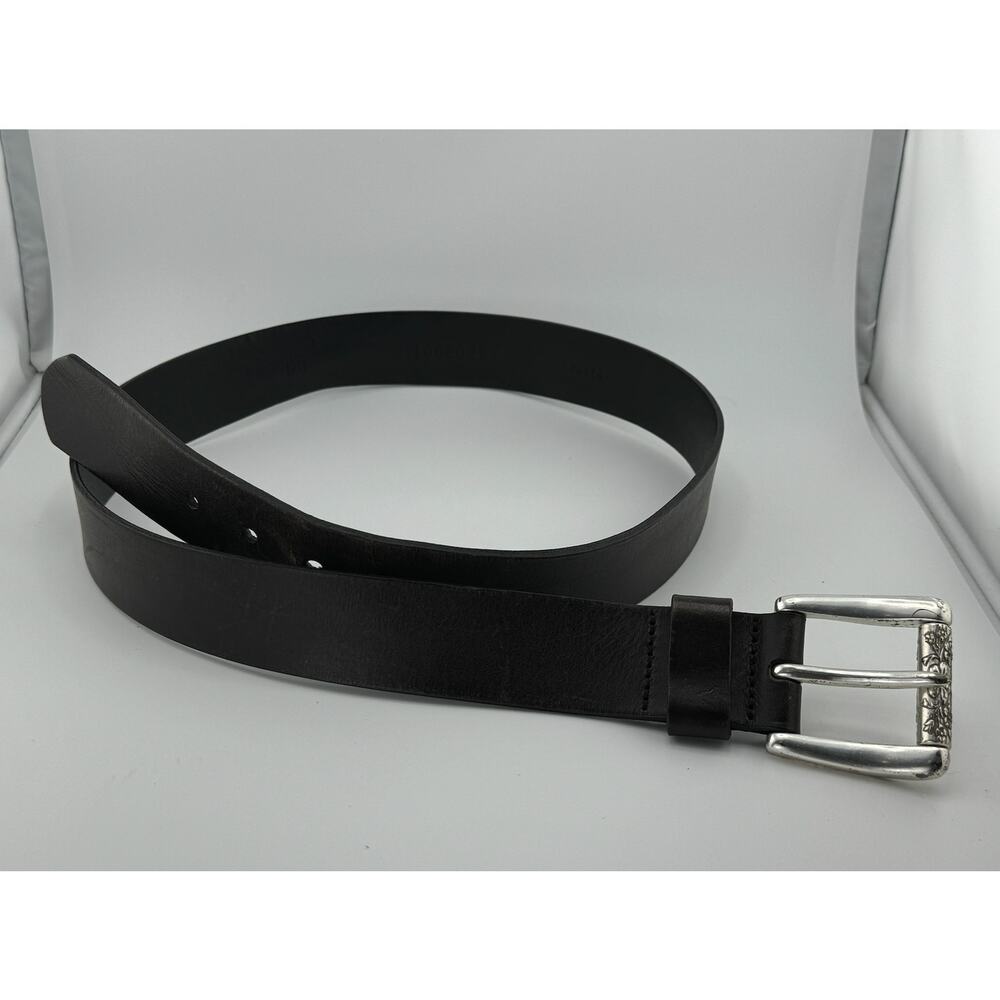 EUC‎ Fossil Mens Genuine Leather Black Medium Belt Silver Buckle w/ Flowers